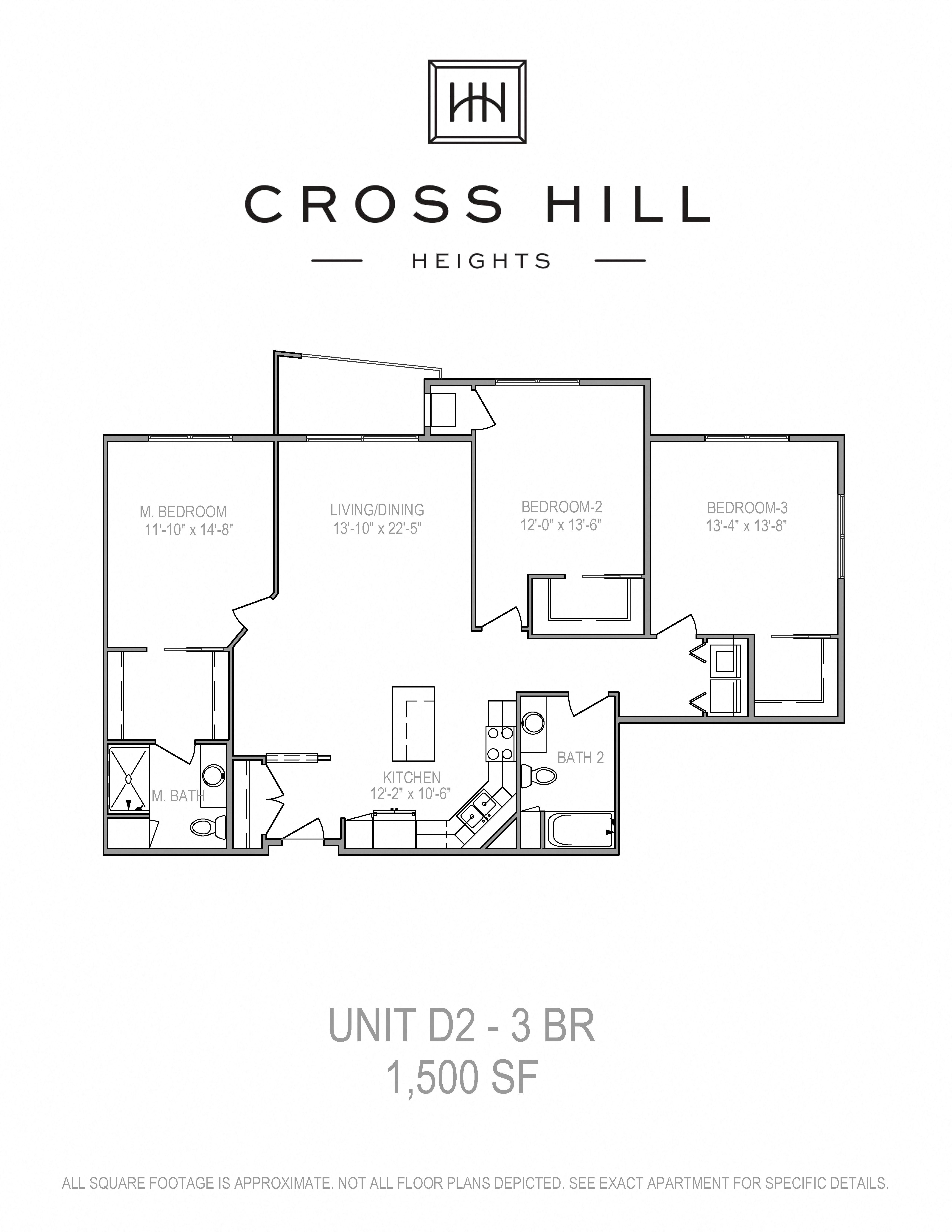 Floor plan for 3 beds, 2 baths, 1500 sqft